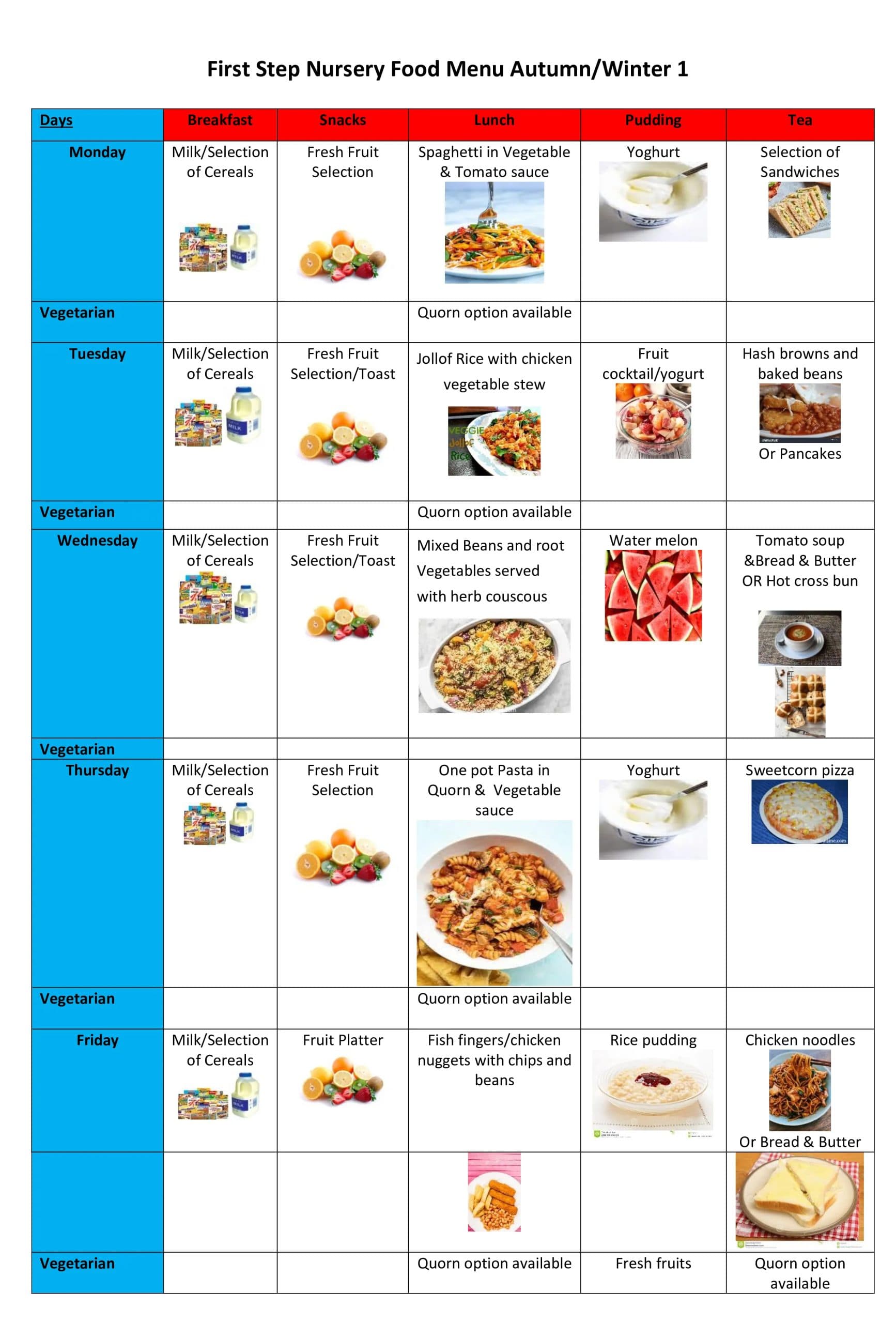 Autumn nursery food menu week 1