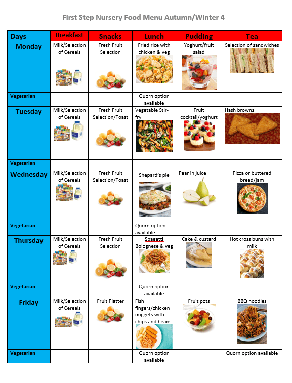 Autumn nursery food menu week 4