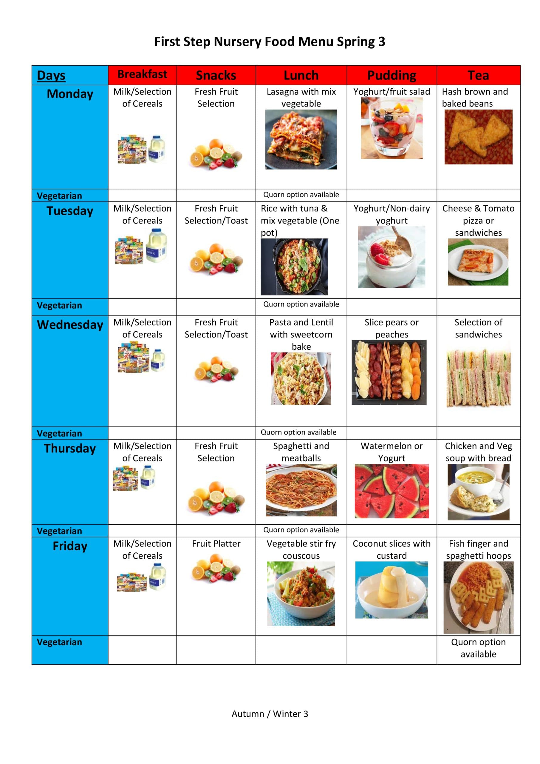 Spring nursery food menu week 3