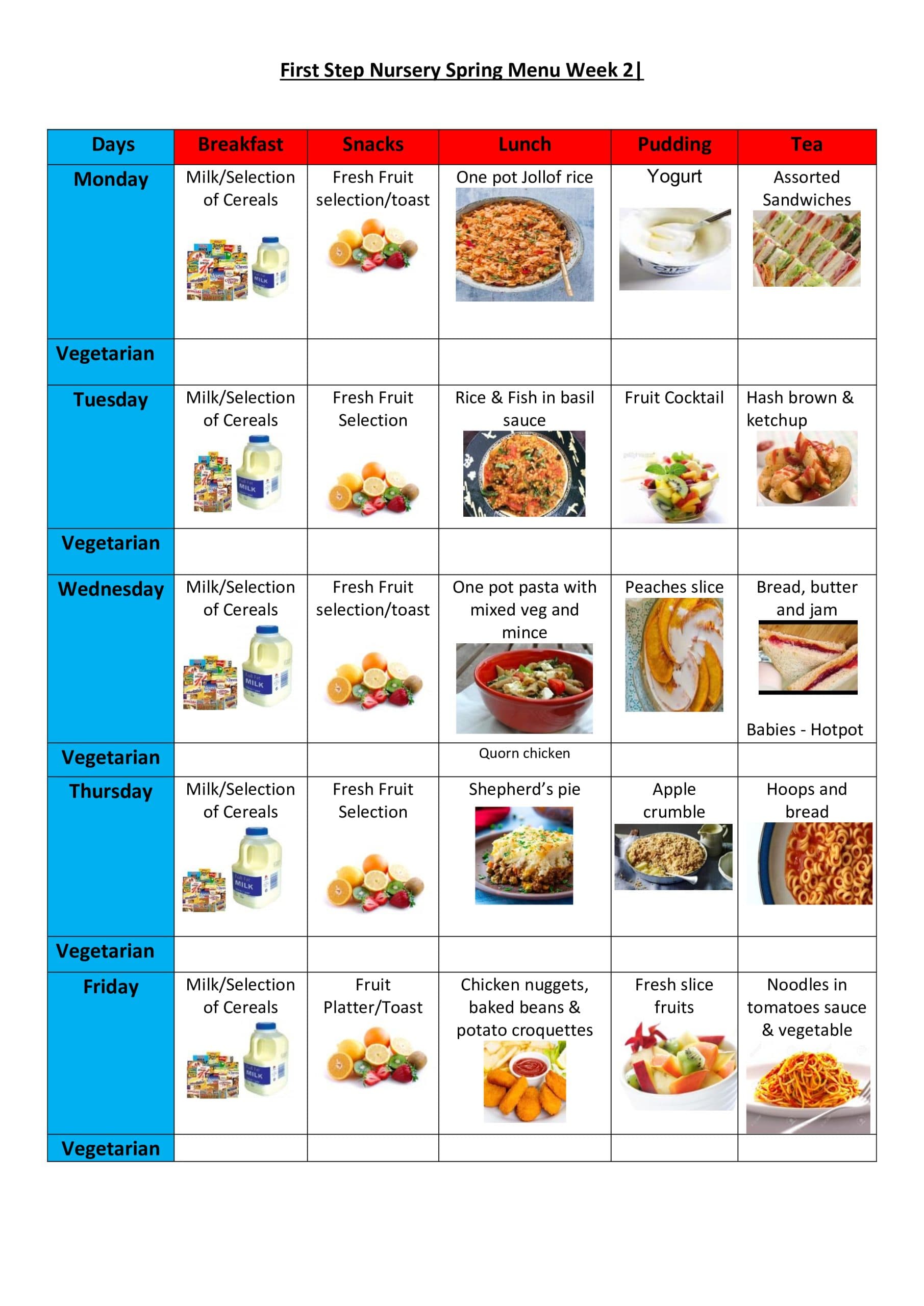 Spring nursery food menu week 2