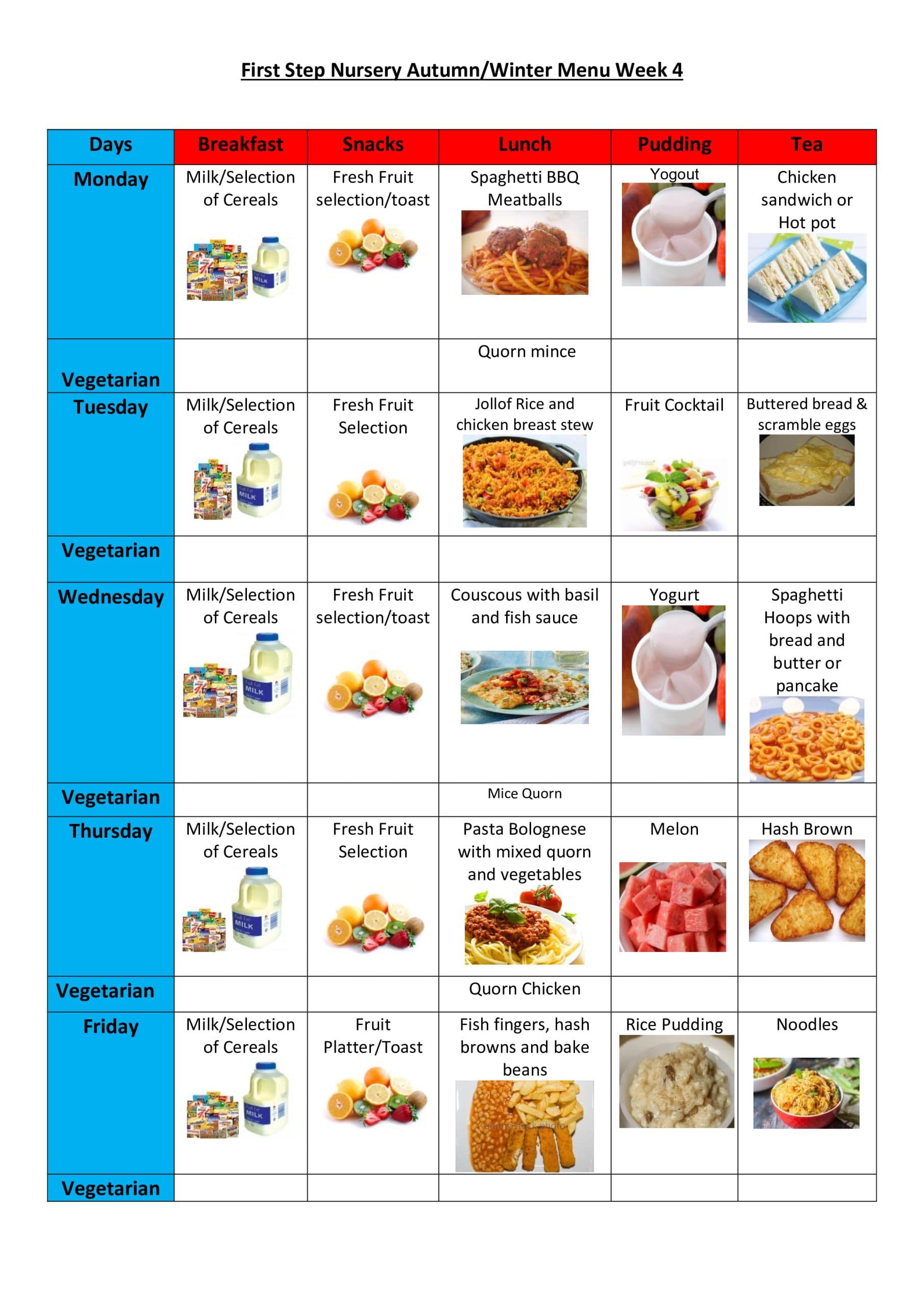 Spring nursery food menu week 4