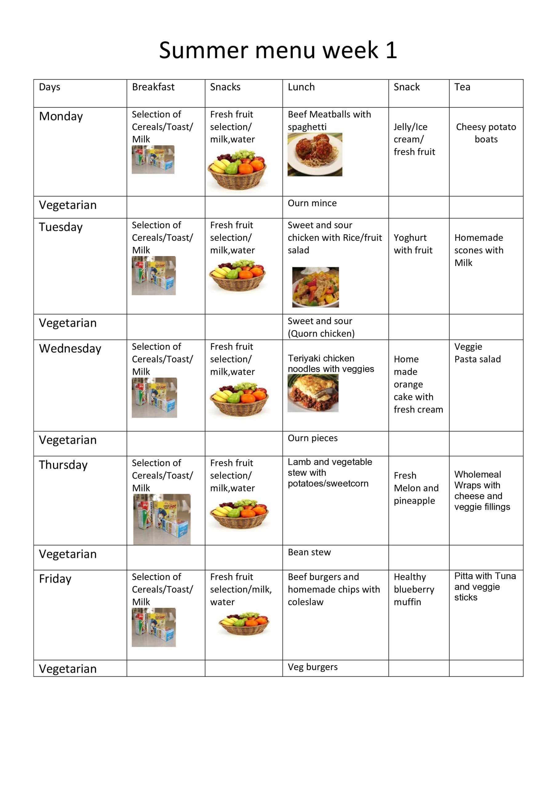 Summer nursery food menu week 1