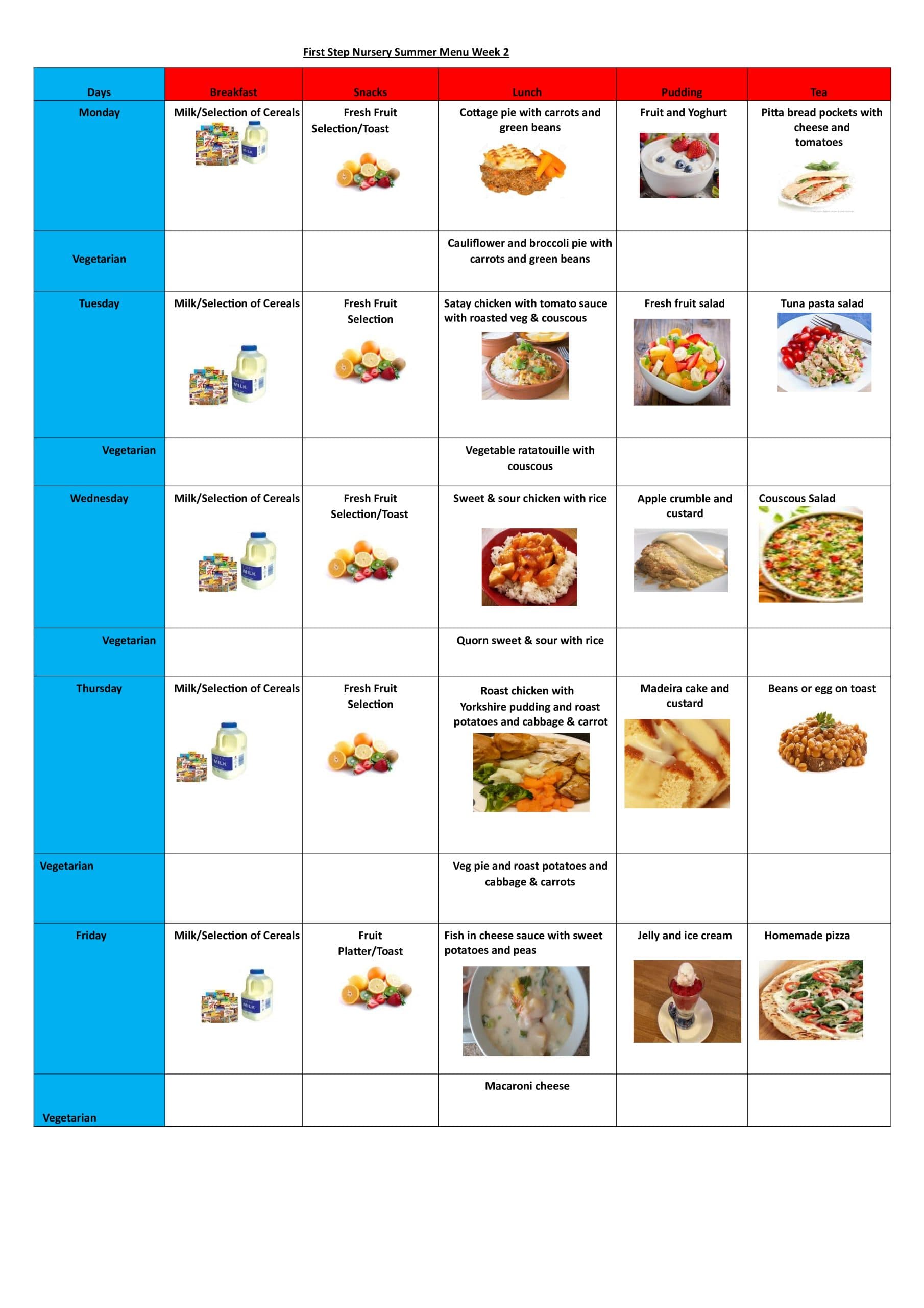 Summer nursery food menu week 2