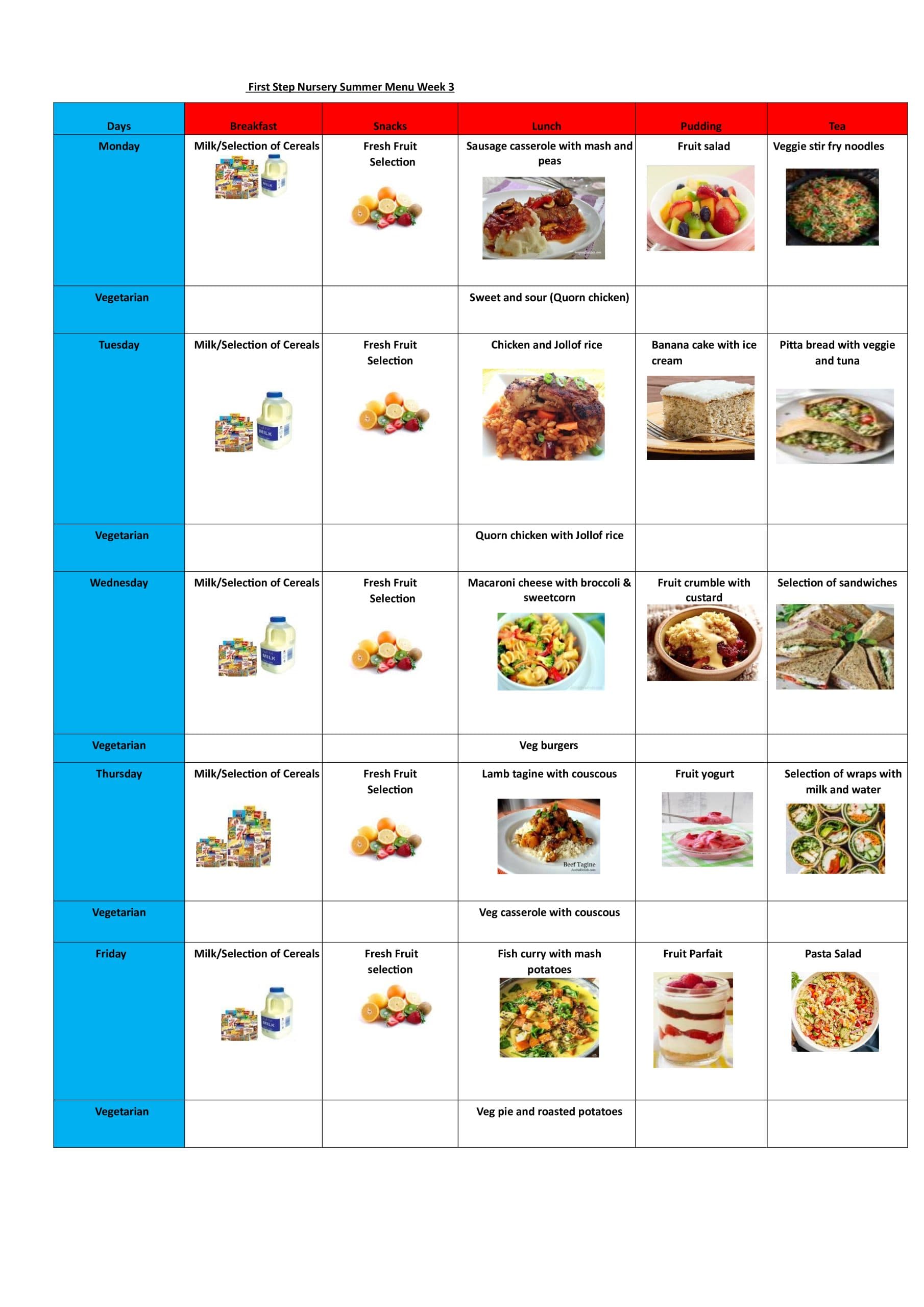 Summer nursery food menu week 3