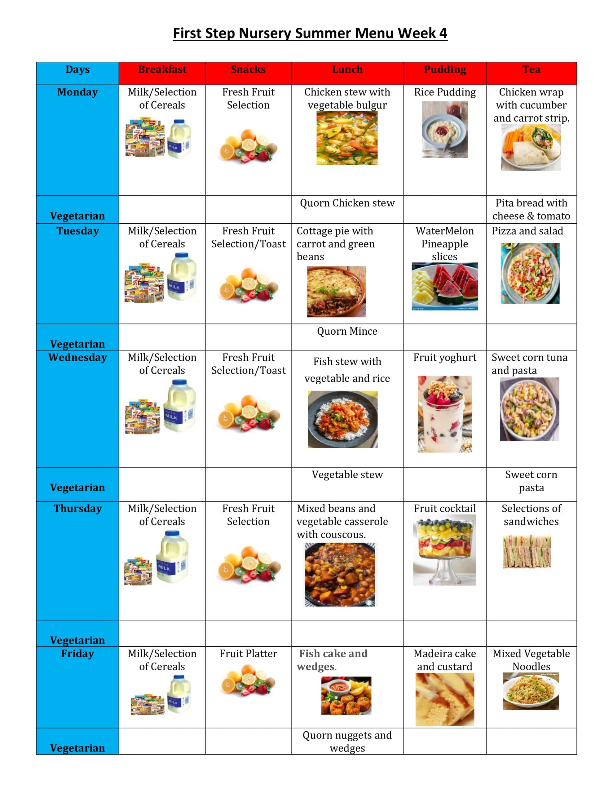 Summer nursery food menu week 4