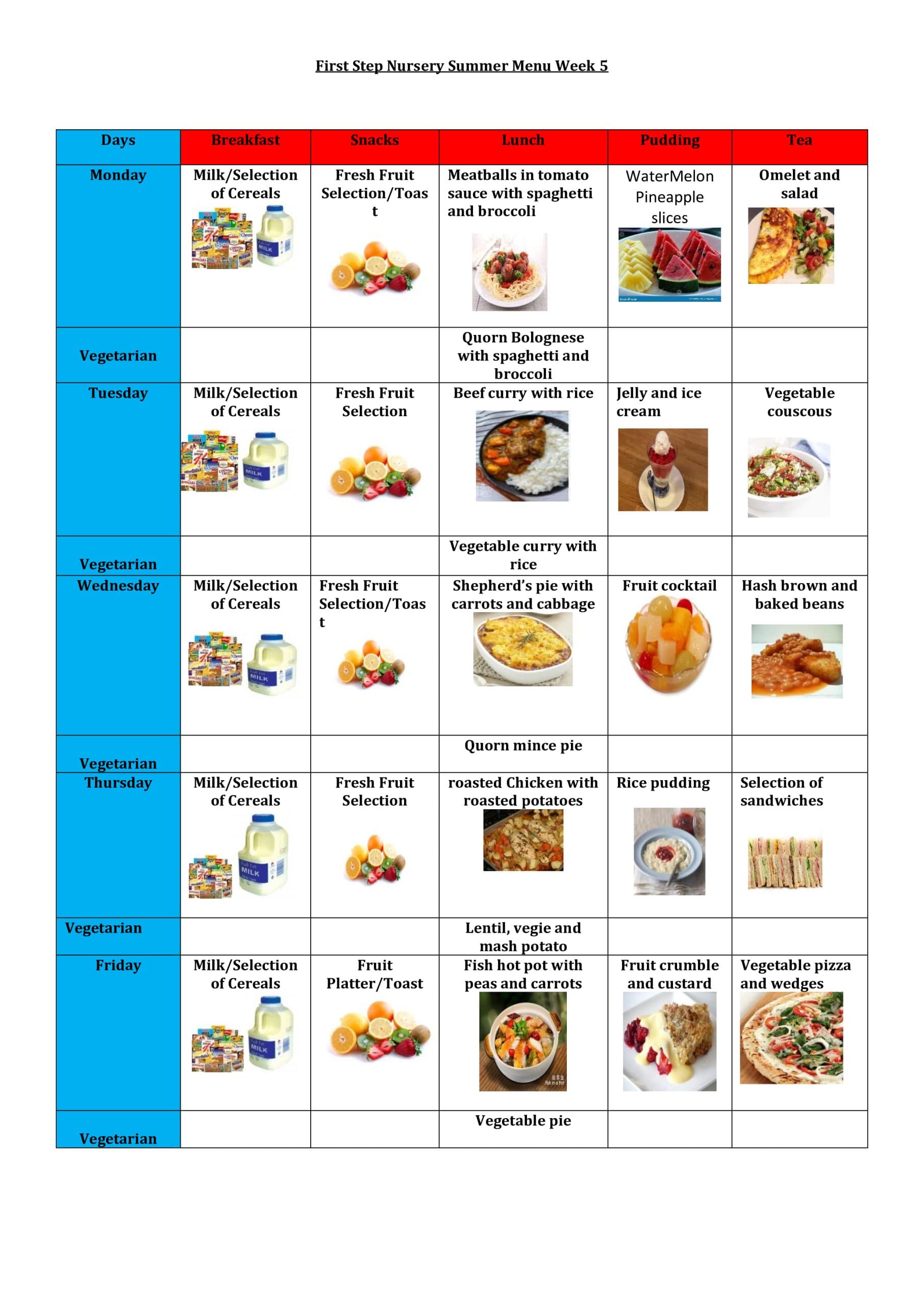 Summer nursery food menu week 5